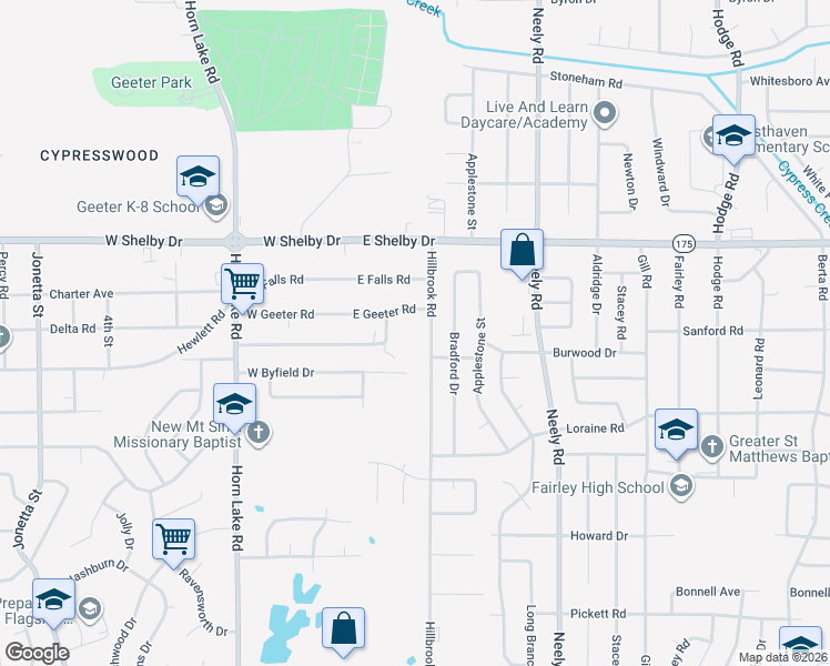 map of restaurants, bars, coffee shops, grocery stores, and more near 4801 Hillbrook Road in Memphis