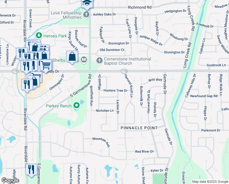map of restaurants, bars, coffee shops, grocery stores, and more near 7334 Pinnacle Farms Drive in Memphis