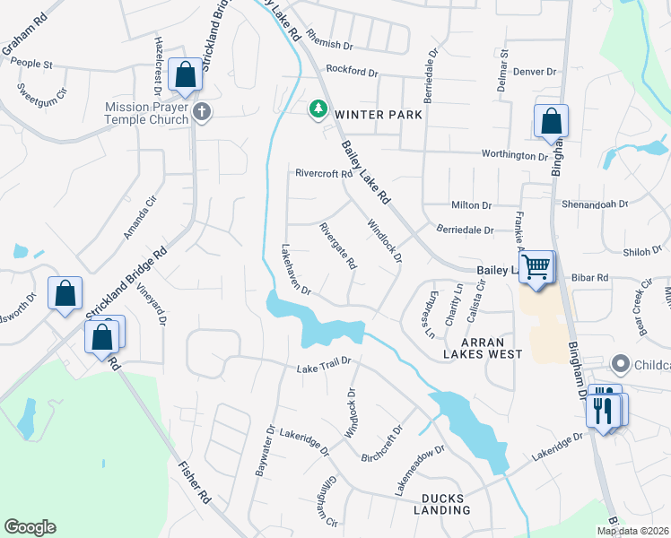 map of restaurants, bars, coffee shops, grocery stores, and more near 5901 Watercrest Court in Fayetteville