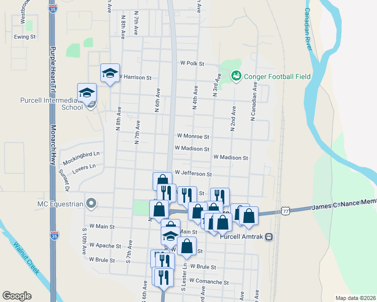 map of restaurants, bars, coffee shops, grocery stores, and more near 420 Truman Place in Purcell