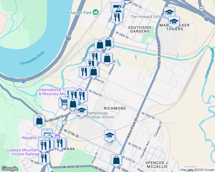 map of restaurants, bars, coffee shops, grocery stores, and more near 3220 Williams Street in Chattanooga