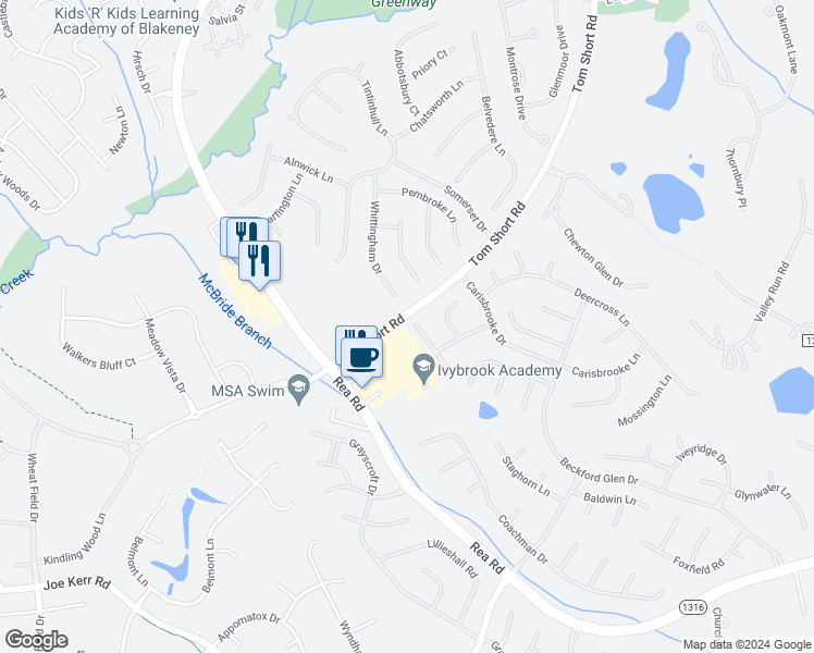 map of restaurants, bars, coffee shops, grocery stores, and more near 400 Amersham Lane in Waxhaw