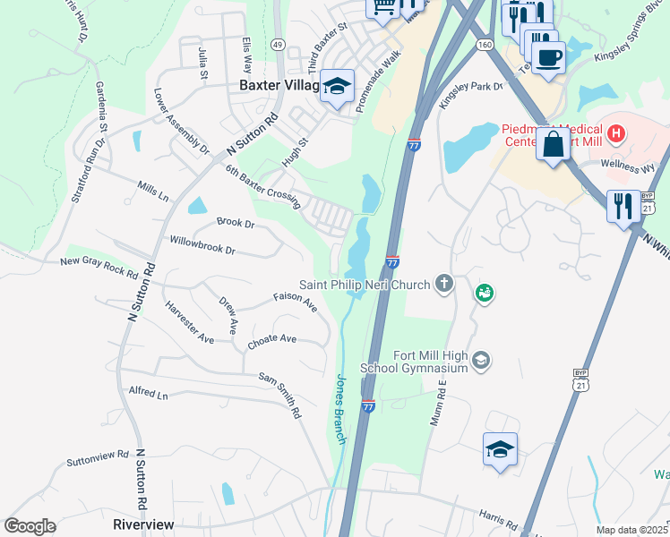 map of restaurants, bars, coffee shops, grocery stores, and more near 1134 Drayton Court in Fort Mill