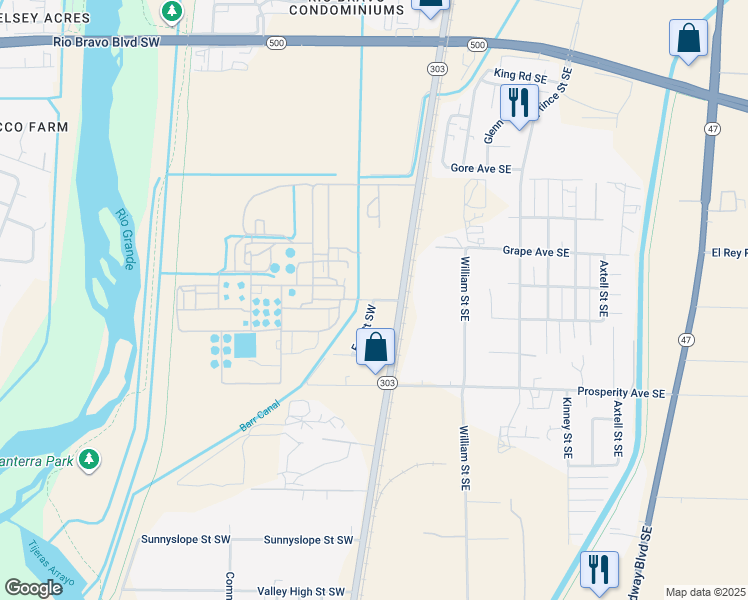 map of restaurants, bars, coffee shops, grocery stores, and more near North Saint Southwest in Albuquerque