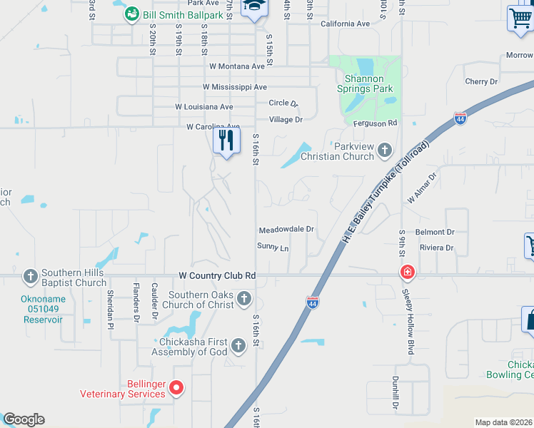 map of restaurants, bars, coffee shops, grocery stores, and more near 210 Meadowdale Drive in Chickasha
