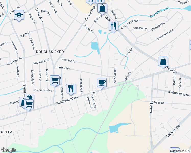 map of restaurants, bars, coffee shops, grocery stores, and more near 1701 Midan Lane in Fayetteville