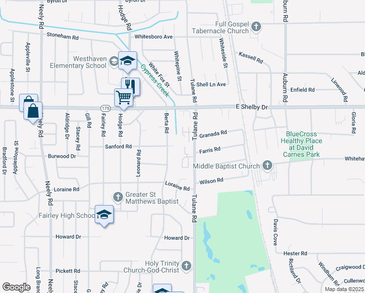 map of restaurants, bars, coffee shops, grocery stores, and more near 4797 Tulane Road in Memphis