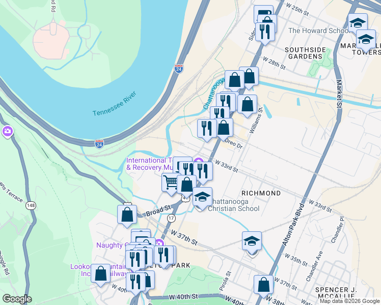 map of restaurants, bars, coffee shops, grocery stores, and more near 3335-3369 St Elmo Ave in Chattanooga