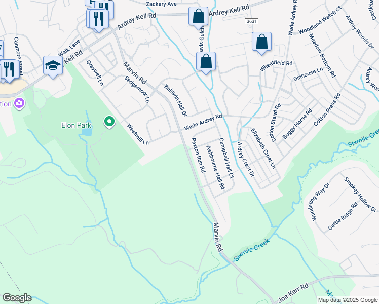 map of restaurants, bars, coffee shops, grocery stores, and more near Marvin Road in Charlotte