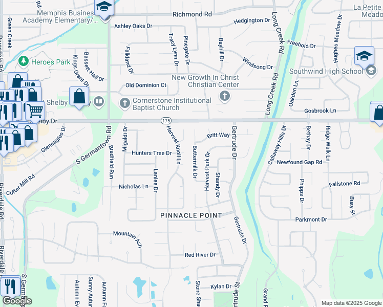 map of restaurants, bars, coffee shops, grocery stores, and more near 4769 Buttermilk Drive in Memphis