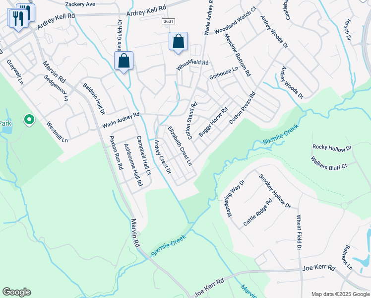 map of restaurants, bars, coffee shops, grocery stores, and more near 10149 Elizabeth Crest Lane in Charlotte
