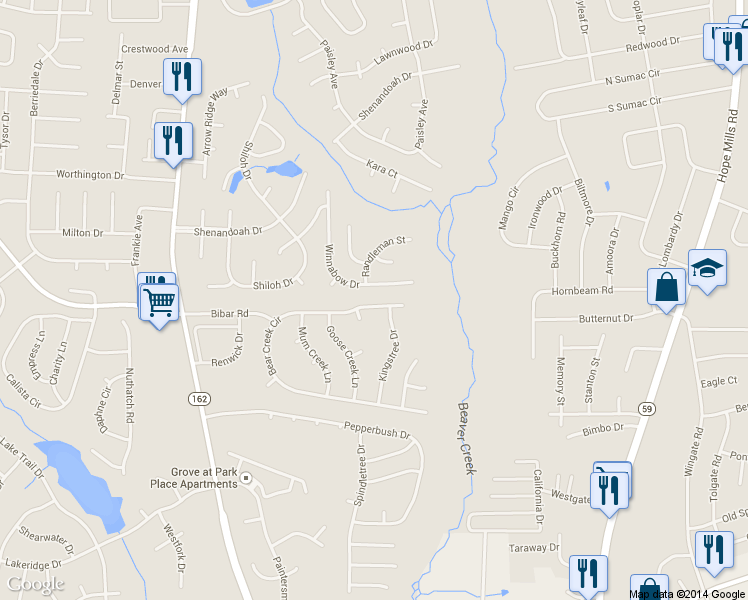 map of restaurants, bars, coffee shops, grocery stores, and more near 5532 Bear Creek Circle in Fayetteville