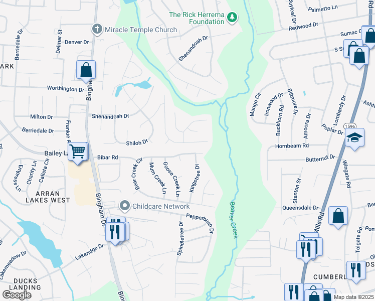 map of restaurants, bars, coffee shops, grocery stores, and more near 5532 Bear Creek Circle in Fayetteville