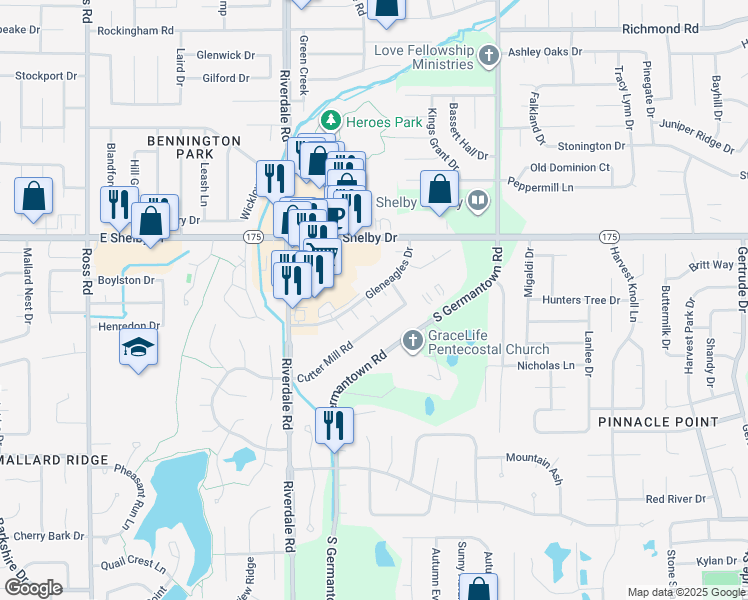 map of restaurants, bars, coffee shops, grocery stores, and more near 7070 Cutter Mill Road in Memphis