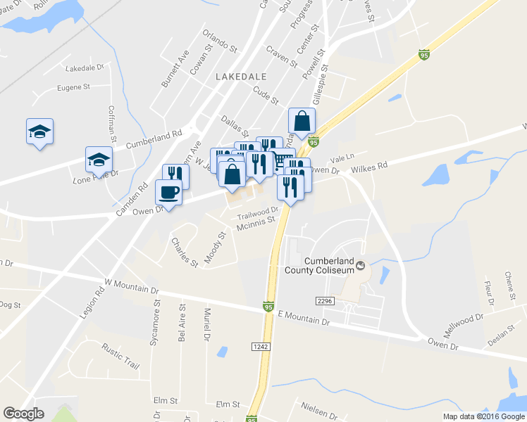 map of restaurants, bars, coffee shops, grocery stores, and more near 124 Trailwood Drive in Fayetteville