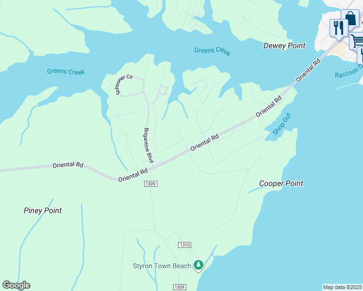 map of restaurants, bars, coffee shops, grocery stores, and more near 6101 Raccoon Run in Oriental