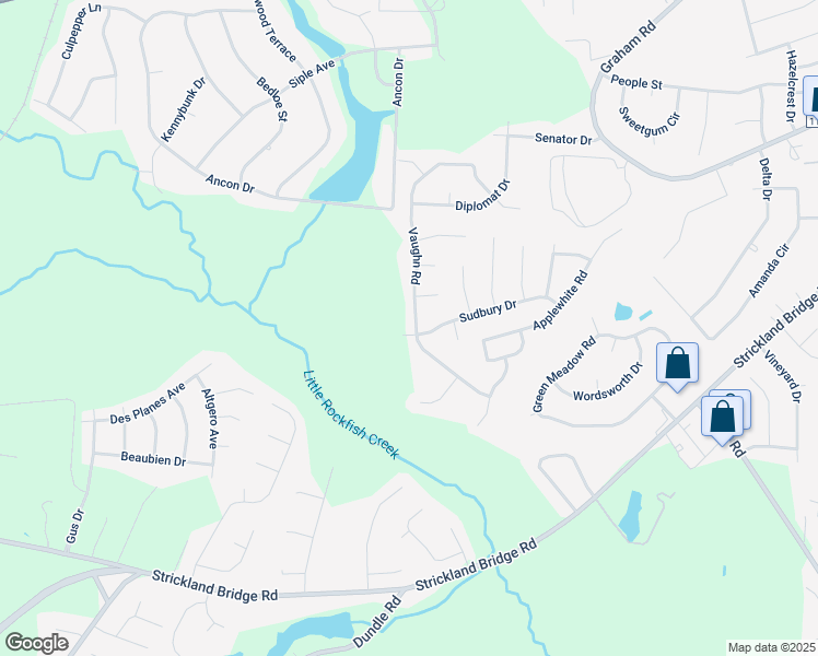 map of restaurants, bars, coffee shops, grocery stores, and more near 6712 Vaughn Road in Fayetteville