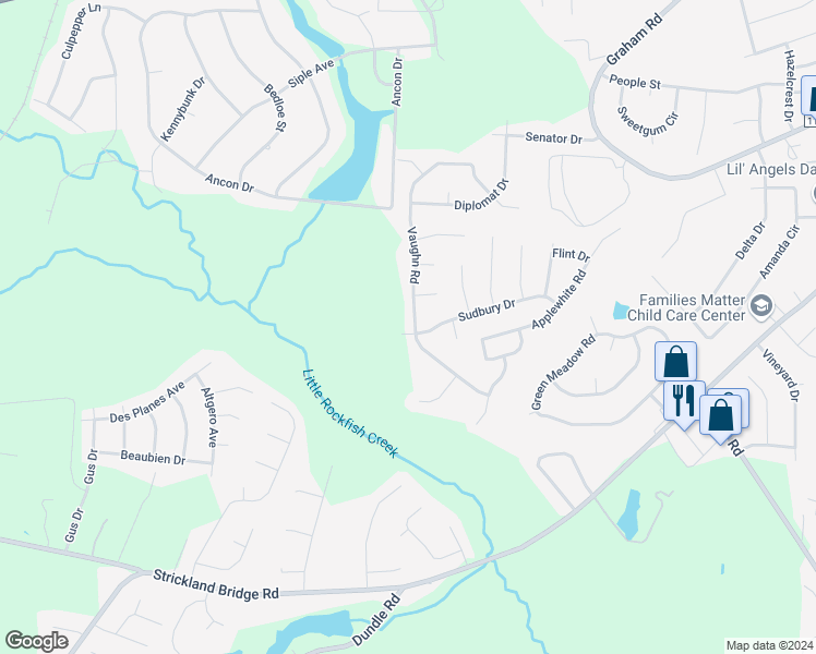 map of restaurants, bars, coffee shops, grocery stores, and more near 6712 Vaughn Road in Fayetteville