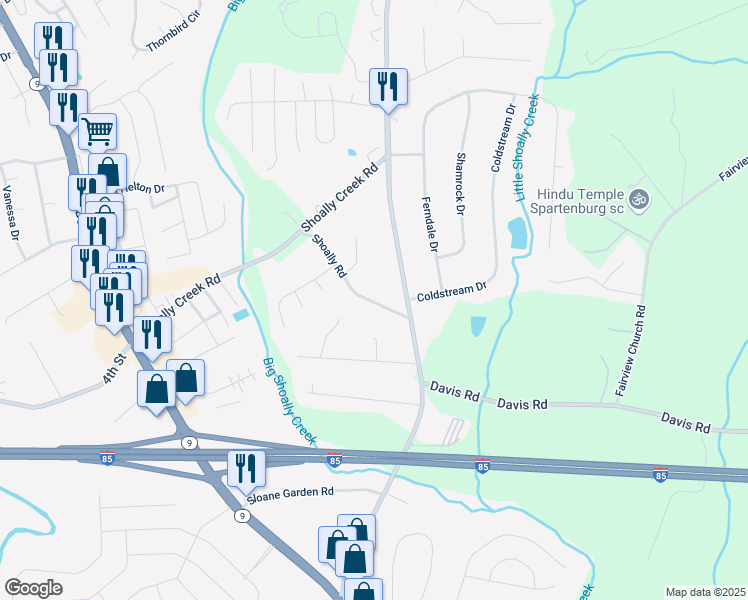 map of restaurants, bars, coffee shops, grocery stores, and more near 423 Shoally Road in Boiling Springs