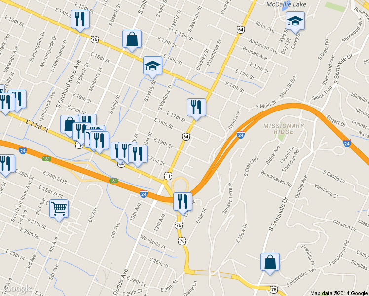 map of restaurants, bars, coffee shops, grocery stores, and more near in Chattanooga