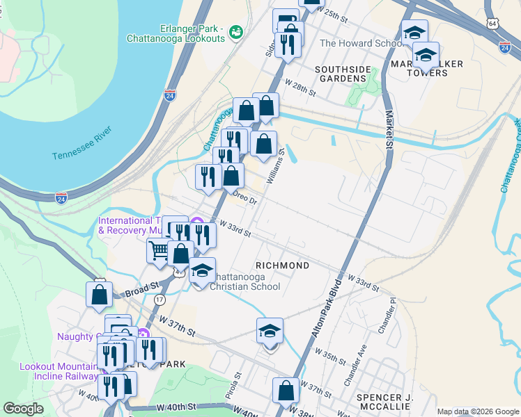 map of restaurants, bars, coffee shops, grocery stores, and more near 3211 Williams Street in Chattanooga