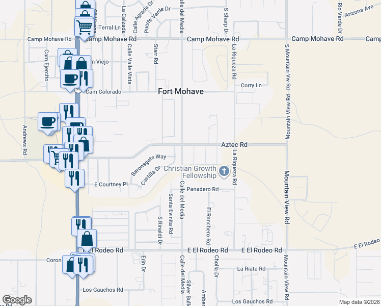 map of restaurants, bars, coffee shops, grocery stores, and more near 4784 Whitegate Place in Fort Mohave