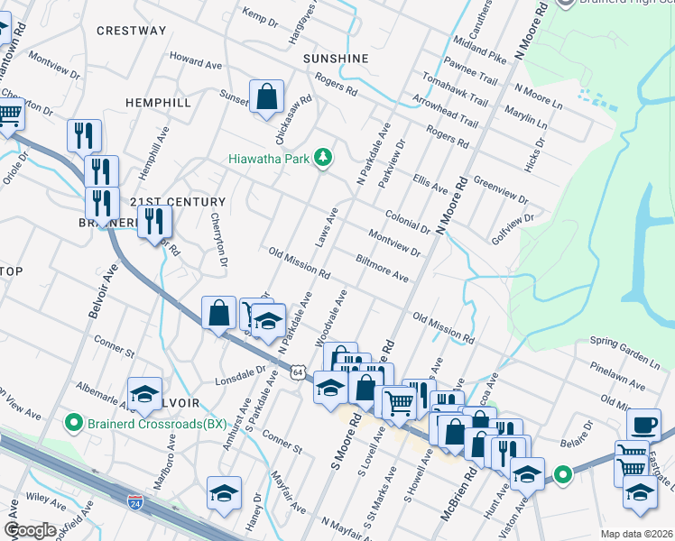 map of restaurants, bars, coffee shops, grocery stores, and more near 4608 Old Mission Road in Chattanooga