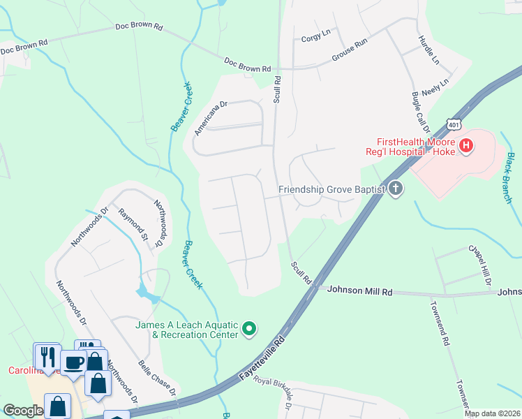 map of restaurants, bars, coffee shops, grocery stores, and more near 238 Chamberlin Boulevard in Raeford