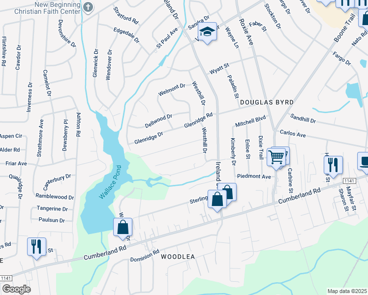 map of restaurants, bars, coffee shops, grocery stores, and more near 4127 Knollwood Drive in Fayetteville