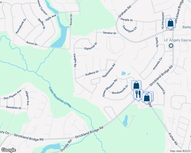 map of restaurants, bars, coffee shops, grocery stores, and more near 6512 Applewhite Road in Fayetteville