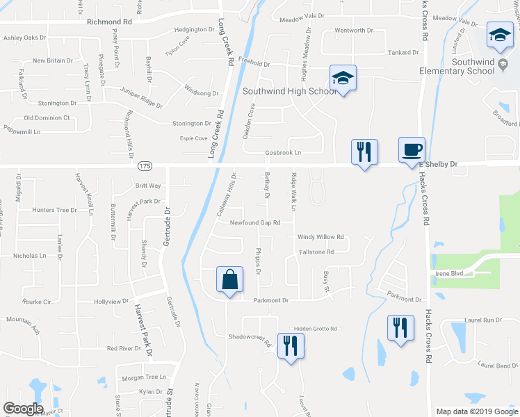 map of restaurants, bars, coffee shops, grocery stores, and more near 7711 Belmont Run Cove in Memphis
