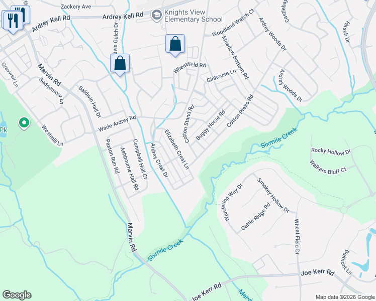 map of restaurants, bars, coffee shops, grocery stores, and more near 9833 Cotton Stand Road in Charlotte