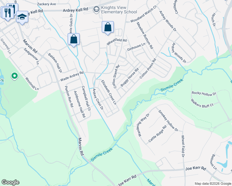 map of restaurants, bars, coffee shops, grocery stores, and more near 9833 Cotton Stand Road in Charlotte