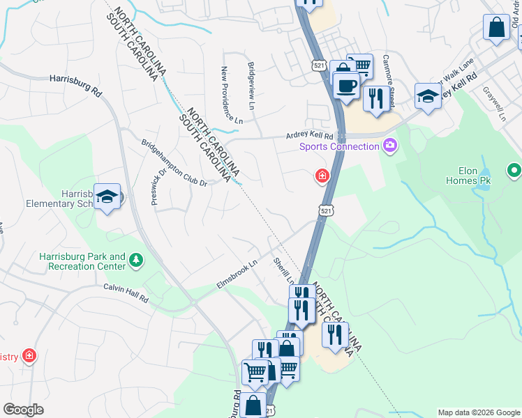 map of restaurants, bars, coffee shops, grocery stores, and more near 16736 Ansley Walk Lane in Charlotte
