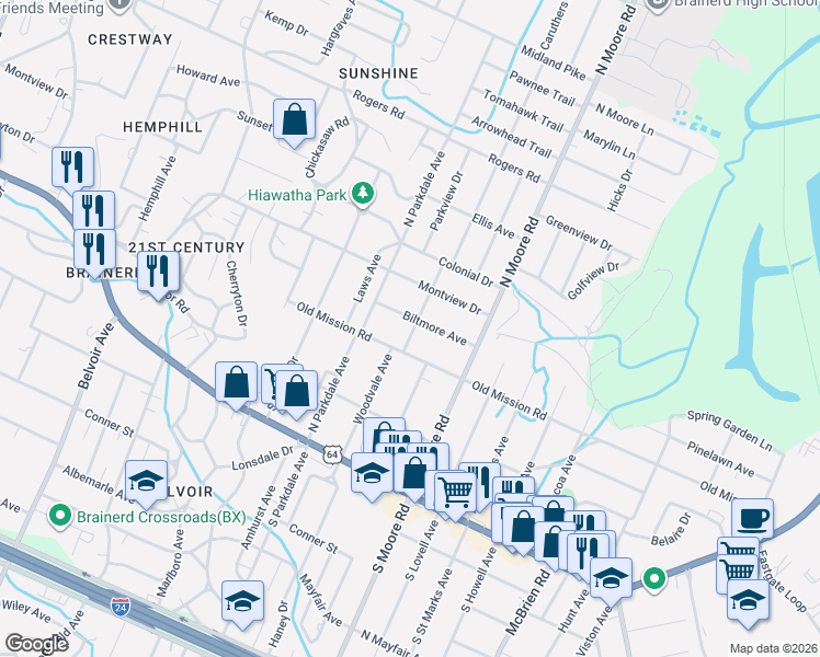 map of restaurants, bars, coffee shops, grocery stores, and more near 4611 Biltmore Avenue in Chattanooga