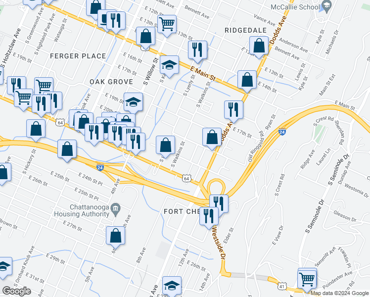 map of restaurants, bars, coffee shops, grocery stores, and more near 1901 South Watkins Street in Chattanooga