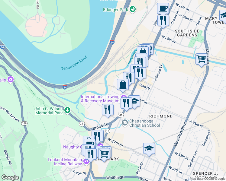 map of restaurants, bars, coffee shops, grocery stores, and more near 1506 Middle Street in Chattanooga