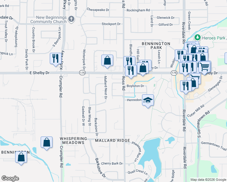 map of restaurants, bars, coffee shops, grocery stores, and more near 6665 Boylston Drive in Memphis