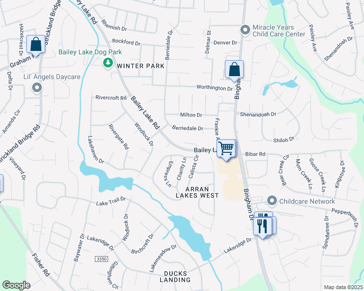 map of restaurants, bars, coffee shops, grocery stores, and more near 1604 Silver Ridge Court in Fayetteville