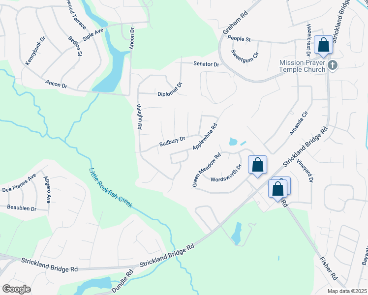 map of restaurants, bars, coffee shops, grocery stores, and more near 6504 Applewhite Road in Fayetteville