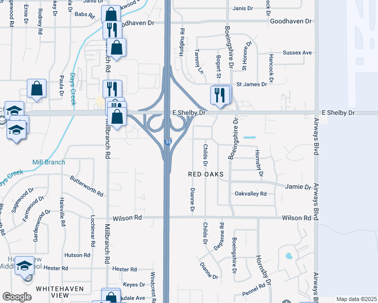 map of restaurants, bars, coffee shops, grocery stores, and more near 4769 Dianne Drive in Memphis