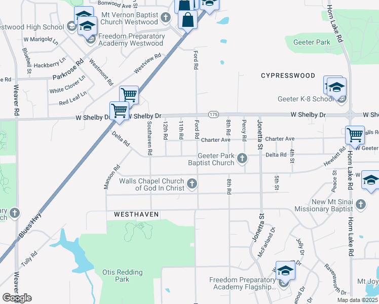 map of restaurants, bars, coffee shops, grocery stores, and more near 530 Delta Road in Memphis