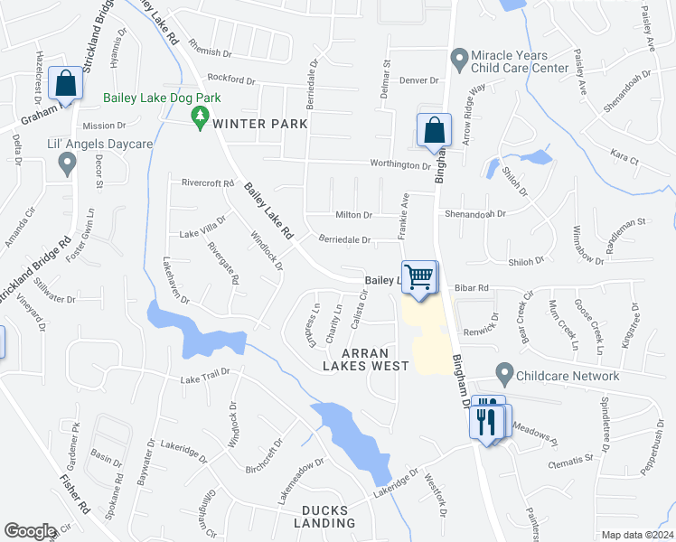 map of restaurants, bars, coffee shops, grocery stores, and more near 1604 Silver Ridge Court in Fayetteville