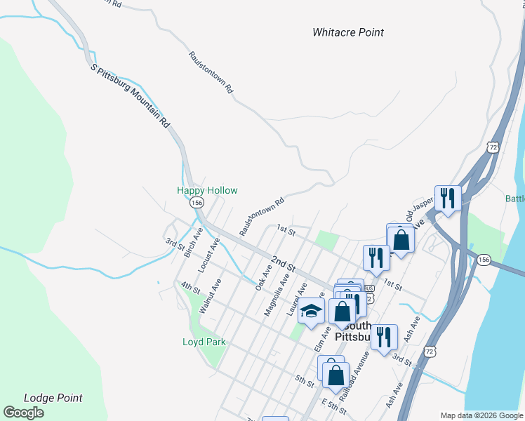 map of restaurants, bars, coffee shops, grocery stores, and more near 295 Raulstontown Road in South Pittsburg