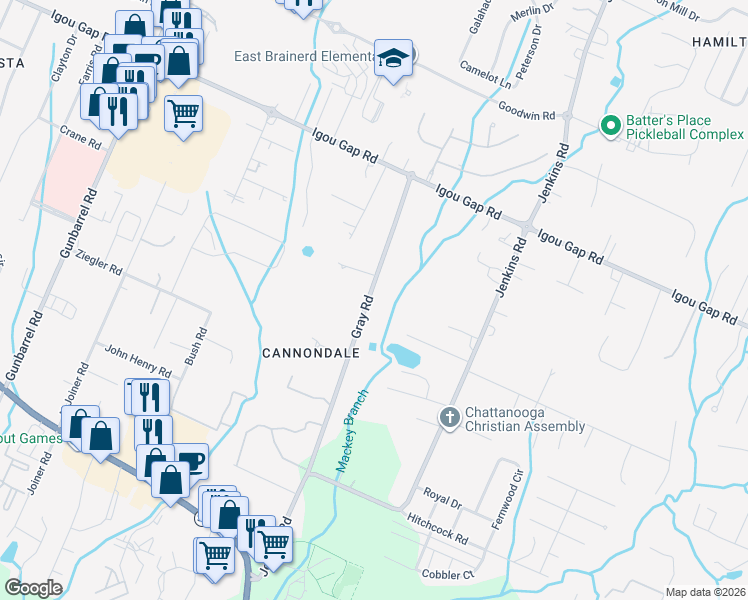 map of restaurants, bars, coffee shops, grocery stores, and more near 1730 Gray Road in Chattanooga