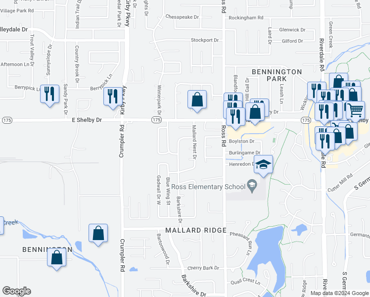 map of restaurants, bars, coffee shops, grocery stores, and more near 6600 Bluebill Cove in Memphis