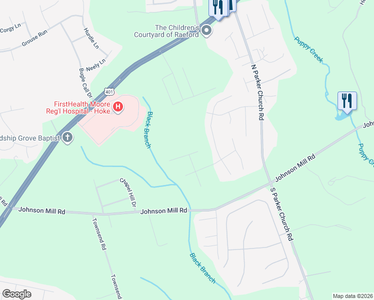 map of restaurants, bars, coffee shops, grocery stores, and more near 114 Mckinley Drive in Raeford