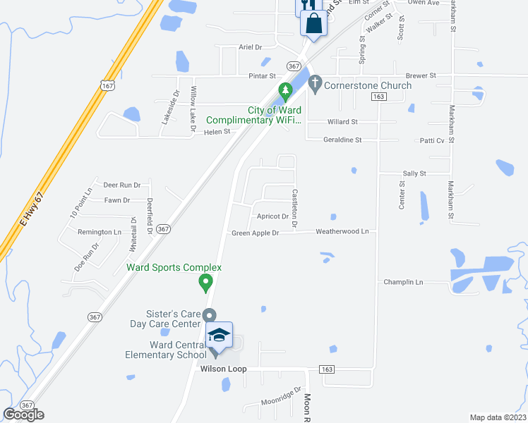 map of restaurants, bars, coffee shops, grocery stores, and more near 14 Apricot Drive in Ward