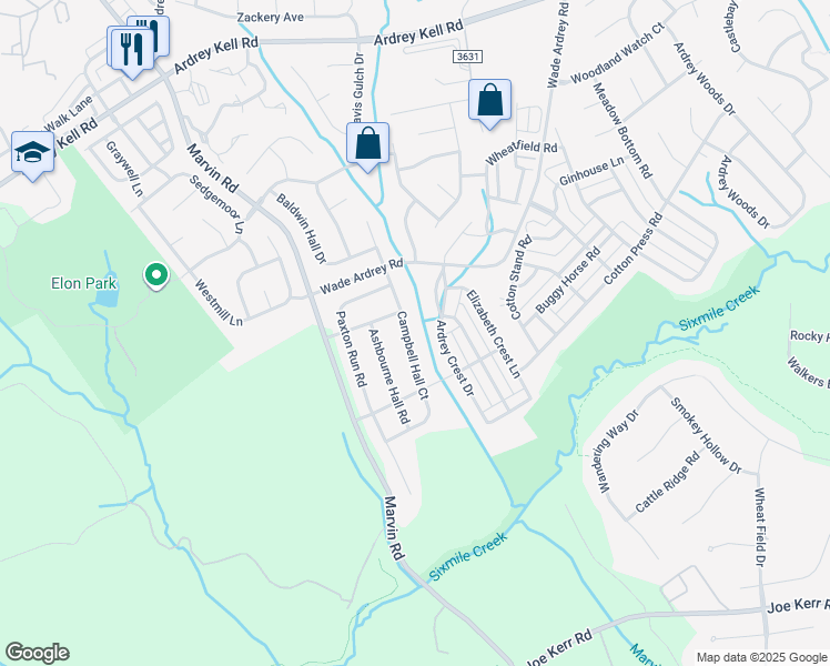 map of restaurants, bars, coffee shops, grocery stores, and more near 9605 Woburn Road in Charlotte