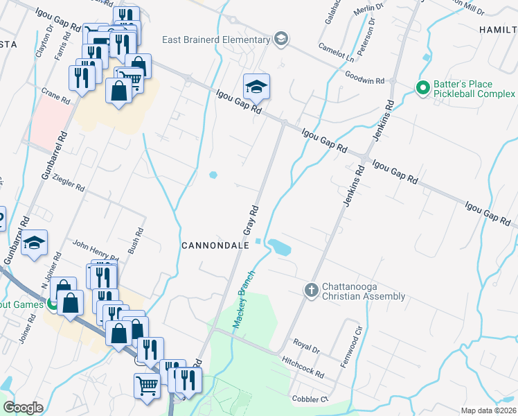 map of restaurants, bars, coffee shops, grocery stores, and more near 1730 Gray Road in Chattanooga